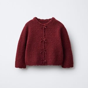 Zara Burgundy Knit Cardigan with Bow Ties